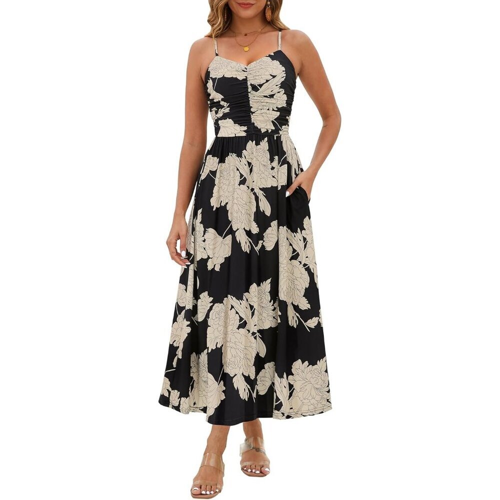 Women's Beige Black Spring Adjustable Spaghetti Strap Floral Beach Long Maxi